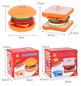 Detailed dimensions of wooden hamburger and sandwich toys with eco-friendly packaging