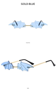 Vue détaillée de lunettes de soleil chauve-souris sans monture avec verres bleus et or