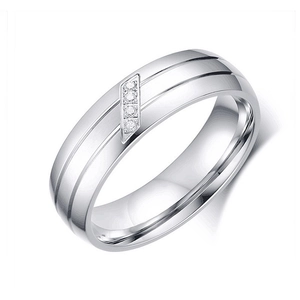 Titanium steel ring with silver finish, dual-groove design and four small inset diamonds