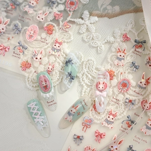 3D embossed nail stickers featuring cute rabbits and sweet cherry patterns