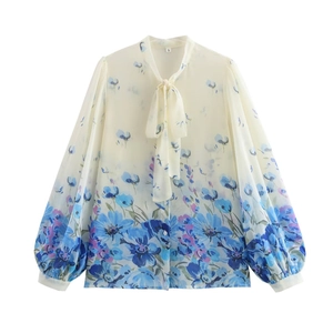 Blusa In Chiffon Da Donna Stampa Floreale Collo Con Fiocco Maniche A Lanterna Elegante