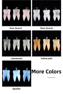 Detail showing tooth shaped pendants in rose quartz, clear quartz and labradorite stones