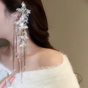 Butterfly Long Tassel Ear Hook Rhinestone Zircon Ear Cuff Ear Clip Alloy Jewelry With Silver Earring Post