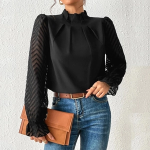 Elegant black turtleneck top with sheer chiffon wavy textured long sleeves for women
