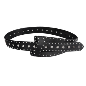 Punk style black leather belt with silver rivets on a minimalist white background