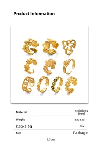 Detailed size and weight chart for gold stainless steel floral rings with flower motifs