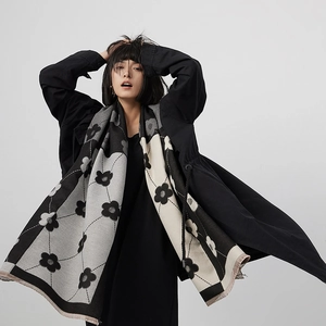 Floral knit cashmere-like scarf with tassels, black and beige colorblock winter shawl