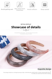 Close-up of padded Baroque headbands featuring heavy handcrafted rhinestone encrusting