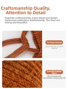 Detail of caramel knit baby hat featuring secure chin straps and thick thermal yarn texture