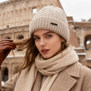Beige cable knit beanie for women with fold-over cuff for winter outdoor travel style