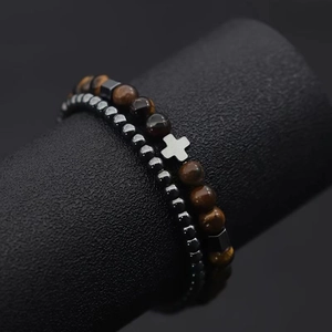 Men's double layer bracelet set with tiger eye stones and hematite cross bead on display