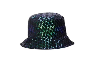 Close-up of rainbow sequin diamond pattern on a black fashion bucket hat texture