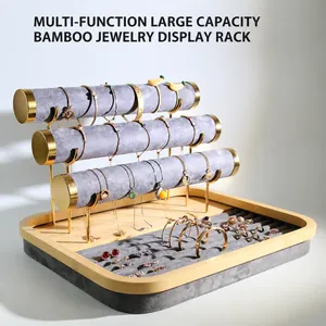 Jewelry Display Stand Bamboo Wood Velvet Tiered Rack Holder For Necklace Bracelet Ring Earrings Storage Organizer