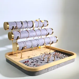 Jewelry Display Stand Bamboo Wood Velvet Tiered Rack Holder For Necklace Bracelet Ring Earrings Storage Organizer