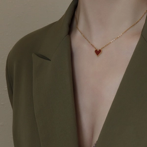 Heart Pendant Necklace 18K Gold Plated Titanium Steel Red Enamel Beaded Edge Vintage Ins Style Jewelry For Women