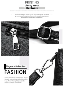 Detail showing smooth zipper pull, square buckle and durable metal clasp on black leather bag