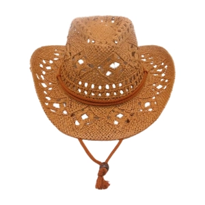 Hollow breathable brown straw cowboy hat with adjustable chin strap and classic upturned brim