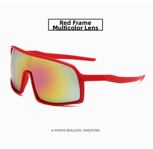 Detail of red cycling glasses with colorful iridescent polarized oversized lenses
