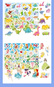 Detailed view of colorful cartoon stickers featuring cute dinosaurs and fairy tale themes