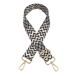 Adjustable woven shoulder strap for bags with black and white rhombus patterns and gold buckles