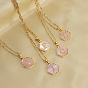 Hexagon Initial Letter Pendant Necklace 304 Stainless Steel 18K Gold Plated Mother Of Artificial Pearl Shell Inlay Women Light Luxury