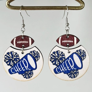 Detail shot of wooden football earrings with megaphone shape and blue Cheer text print