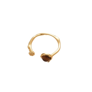18k gold plated open ring with organic branch texture and brown tiger eye stone