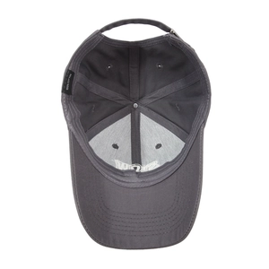 Deep grey cotton baseball cap with embroidered letters and adjustable strap back view