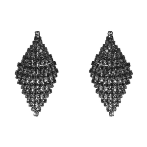Detailed close-up of geometric diamond-shaped earrings with black micro-paved rhinestones