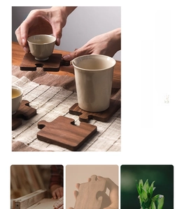 Detail of interlocking jigsaw puzzle coasters made of natural walnut wood with grain texture