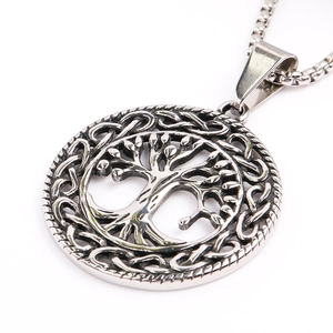 Detailed close-up of a silver stainless steel Tree of Life pendant with woven texture