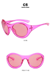 Close-up of pink translucent Y2K sunglasses with wrap-around oval frames from side and front