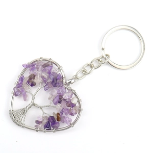 Handmade heart tree of life keychain with purple crystals and silver wire wrapping