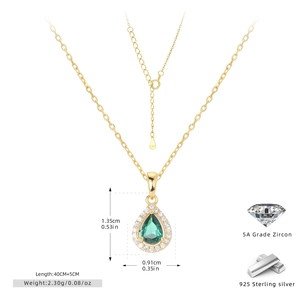 Detail showing dimensions of pear-shaped green zircon pendant with S925 sterling silver chain