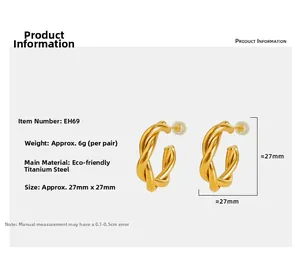 Detail showing dimensions of gold twisted rope hoop earrings made of titanium steel