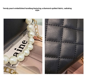 Detailed close-up of quilted black faux leather with faux pearl handle and gold chain strap