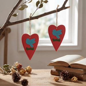 Red heart pendant mold with embossed blue bird and Spring text on rustic branch