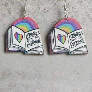 Rainbow heart book earrings with Libraries Are For Everyone quote on wood material