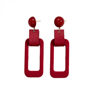 Chic red resin earrings with rectangular woven texture pendants and silver needles