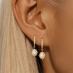 Vue détaillée des boucles d'oreilles étoile en argent S925 avec opale et zircon