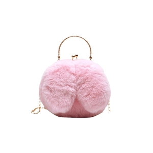 Cute pink plush rabbit ear shoulder bag with gold metal handle and chain strap for women