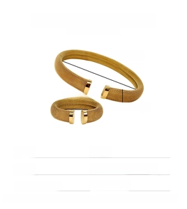 Technical specs of golden woven mesh stainless steel choker and cuff jewelry set