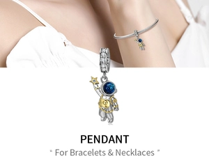 Detailed close-up of S925 sterling silver astronaut pendant with blue starry helmet details