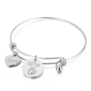 Adjustable stainless steel heart bracelet with Love charm and girl pendant on white background