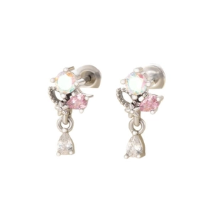 Boucles d'oreilles en acier titane avec pendentifs gouttes roses et gemmes irisées