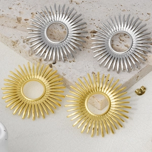 Detail of 304 stainless steel sunburst earrings in gold and silver on stone background