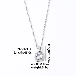 Detail shot of silver square pendant necklace with size specs 45cm length and 1.6cm pendant