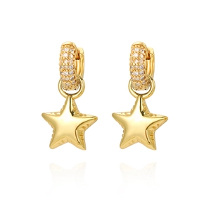 Close-up of gold-plated hoop earrings with cubic zirconia pavé and star-shaped pendants