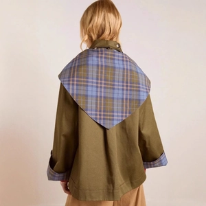 Women's army green short jacket featuring a back blue plaid collar and loose fit style