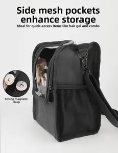 Detail of magnetic snap closure on a black makeup bag with mesh side pockets and transparent PVC